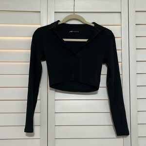 Zara Cropped Collared-Neck Long Sleeve